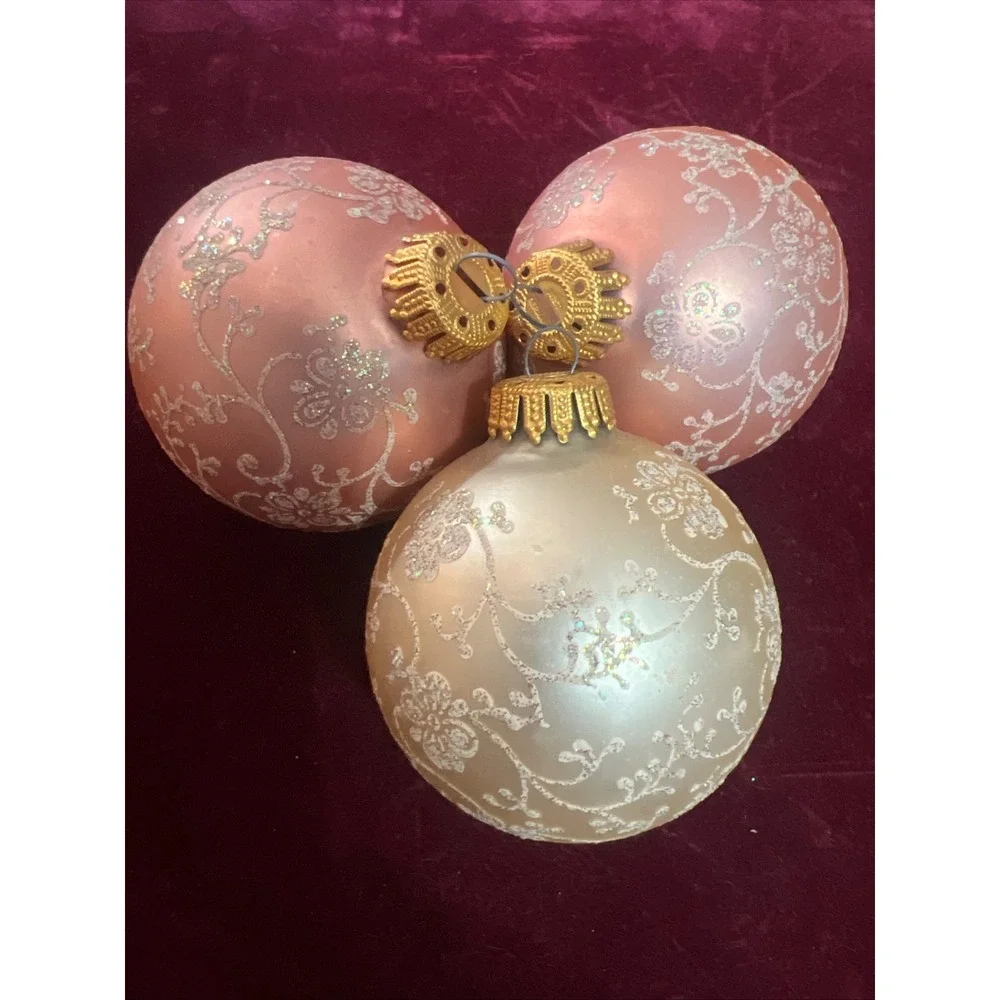 Set of 3 Pink and Champagne Gold Glass Christmas Ornaments Floral Glitter Design